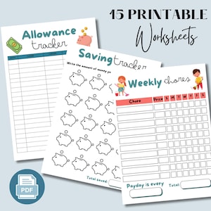 Financial Literacy Money Management Worksheets For Kids, Kids Savings and Chore Tracker Savings Challenges, Kids Financial Activity Workbook