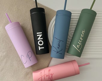 Personalised Tumbler With Lid and Straw, Double Walled Acrylic 16oz 470ml, Pastel Matte Skinny Tumbler, Custom Water Bottle Cold Cup