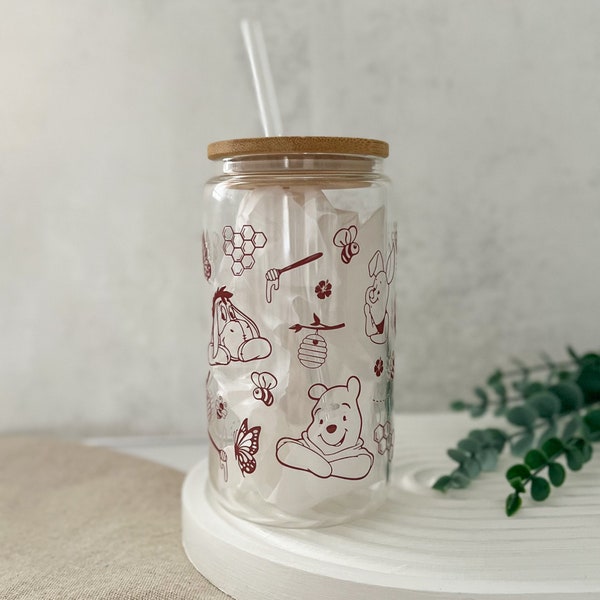 Winnie the Pooh Glass Can with Bamboo Lid and Straw, 16oz Beer Libbey Glass, Iced Coffee Cold Cup