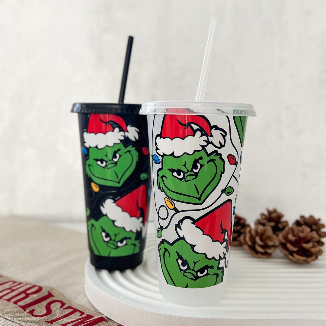 Christmas Grinch Cold Cup, Reusable 24oz Tumbler With Plastic Lid and