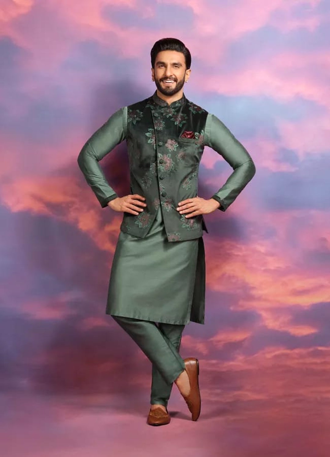 Wedressfashion Ranveer Singh Green Printed Kurta Jacket Set