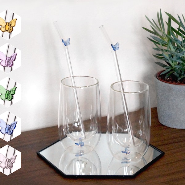 Doppelwandiges Schmetterling Trinkglas 2er-Set + Glashalme + Reinigungsbürsten ׀ verschiedene Farben als Schmetterling ׀ Geschenk