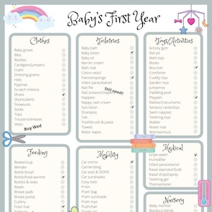 Könnte beinhalten: Eine pastellfarbene Checkliste mit dem Titel "Baby's First Year" mit Kategorien für Kleidung, Toilettenartikel, Ernährung, Mobilität, Spielzeug, Medizin, Kinderzimmer und verschiedene Artikel. Enthält einen Regenbogen und eine Babygrafik.