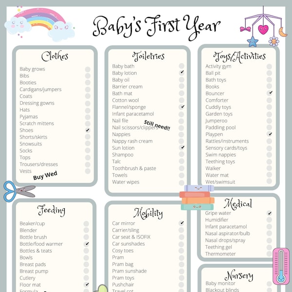 Baby’s registry (digital copy), baby first year shopping list, baby items, baby shower list