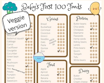 最初の100種類の食品：ベジタリアンの離乳食チェックリスト、1歳までに食べさせる100種類の食品、ベビーフードトラッカー、ベビーフードチェックリスト、ベジタリアンの最初の食品