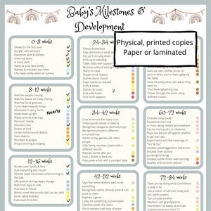 Tabel met mijlpalen en ontwikkeling baby, gedrukt, gelamineerd, babychecklist, babyontwikkeling per maand, mijlpalen voor kinderen