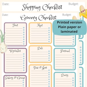 Puede incluir: Una lista de compras y de comestibles con secciones para frutas, carne, verduras, delicatessen y más. La lista de verificación está diseñada con un fondo beige claro y cuadros coloridos. El texto incluye "Versión impresa, papel normal o laminado."