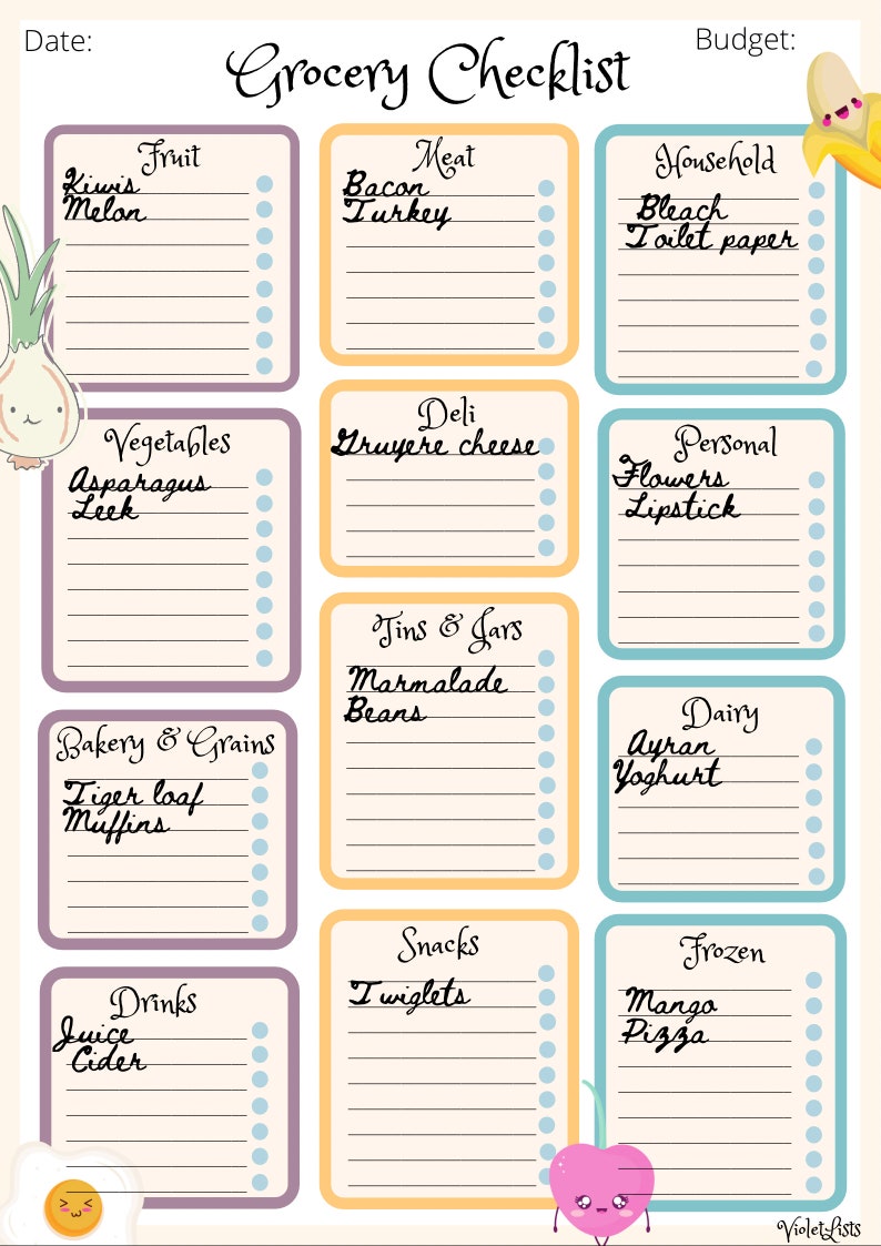 Grocery List Printable digital Copy, Shopping Checklist, Food Shop