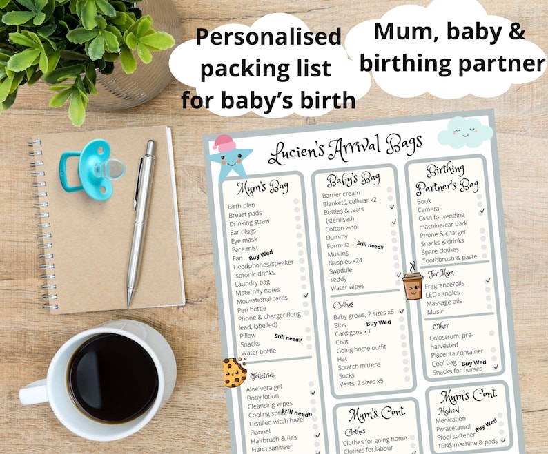 Personalised Hospital Packing List for Babys Birth Mum, Baby and