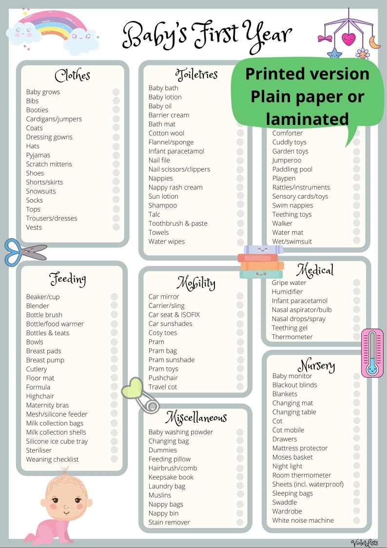 Babys Registry, Baby First Year Shopping List printed, Baby Items, Baby
