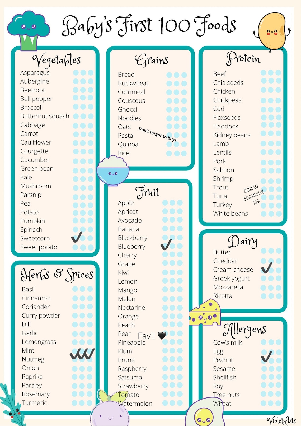 Babys First 100 Foods The Ultimate Weaning Checklist Etsy