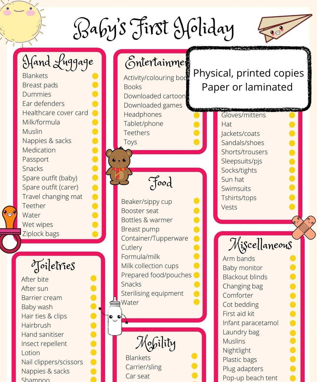 Holiday Packing List for Baby, Printed/laminated, Baby Holiday