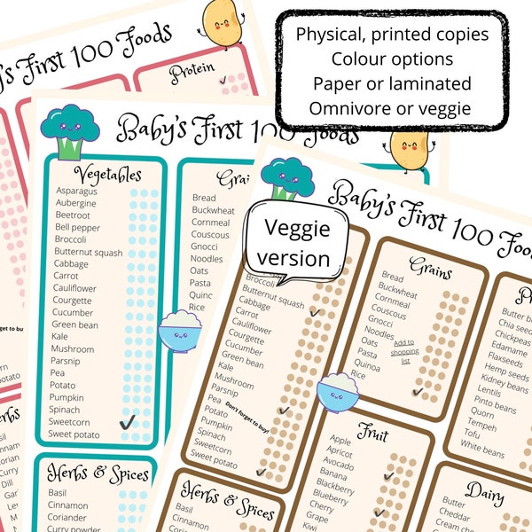 Baby’s first 100 foods charts, printed/laminated, omnivore (pink,blue,purple) or vegetarian (brown,green) options, 100 foods before 1