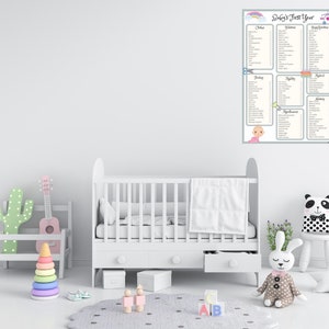 May include: A white crib with a white blanket and a white dresser with two drawers. There is a green cactus, a wooden toy, and a ukulele in the room. A poster with the text "Baby's First Year" is on the wall.