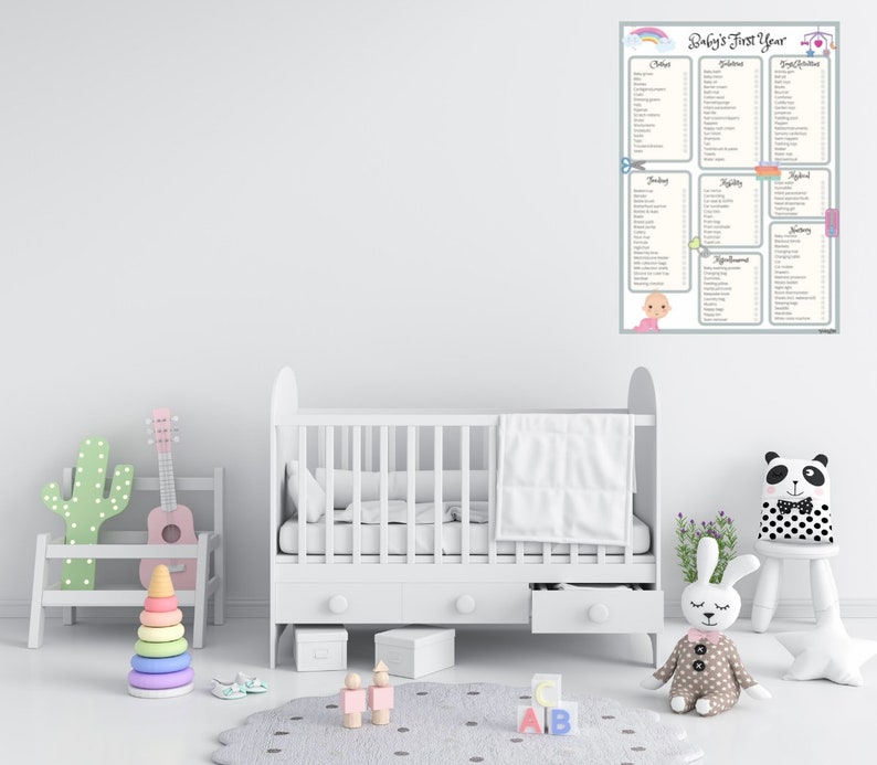 May include: A white crib with a white blanket and a white dresser with two drawers. There is a green cactus, a wooden toy, and a ukulele in the room. A poster with the text "Baby's First Year" is on the wall.
