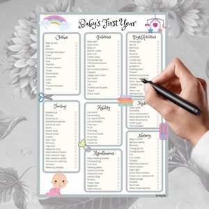 May include: A checklist for a baby's first year, divided into categories: Clothes, Toiletries, Toys & Activities, Feeding, Mobility, Medicine, Miscellaneous, and Nursery. Each category has a list of items with checkboxes next to them.