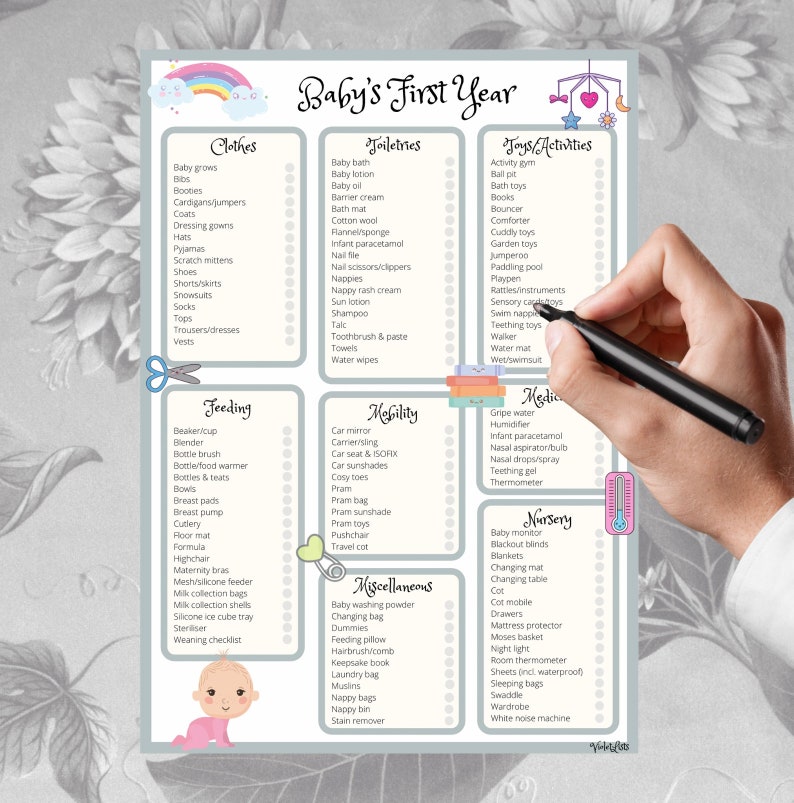 May include: A checklist for a baby's first year, divided into categories: Clothes, Toiletries, Toys & Activities, Feeding, Mobility, Medicine, Miscellaneous, and Nursery. Each category has a list of items with checkboxes next to them.