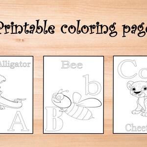 Animal alphabet coloring pages, 26 printable digital pages for preschool and  kindergarteners.