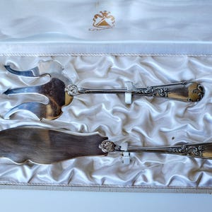Può includere: Un set di forchetta e coltello da portata in argento con dettagli floreali, presentato in una scatola foderata di raso. Il set include una forchetta grande e un coltello con bordo smerlato. La scatola è di colore beige chiaro.