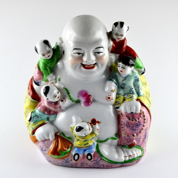 Porcelaine chinoise, famille rose Bouddha heureux avec des enfants