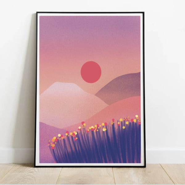 Illustration coucher de soleil montagne et fleurs