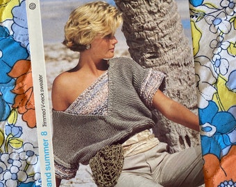 Off Shoulder Women's V Neck Sweater Jumper Original Vintage Knitting Pattern 1985