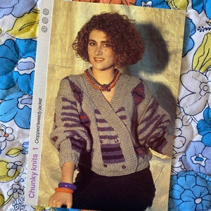 Women&#39;s V Neck Double Breasted Tweedy Jacket Sweater Jumper Original Vintage Knitting Pattern 1985