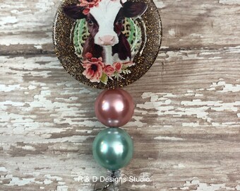 Pink Floral Cow Badge Reel