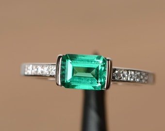 Lab Created Colombian Emerald Women's Ring, Minimalist Every Day Women's Ring with Exotic Neon Color and Glow, Small Stacking Emerald Ring.