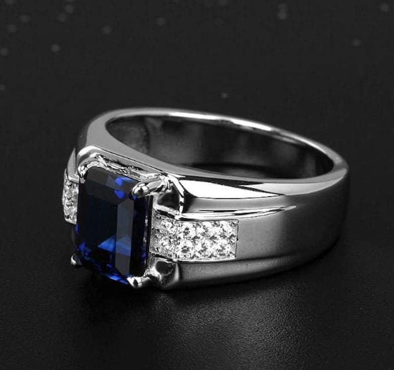 Emerald Blue Sapphire Ring Vintage Sterling Silver Blue Engagement Ring ...