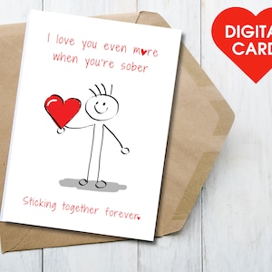 Cartão de Dia dos Namorados Sóbrio, Coração Engraçado de Stickman, Presente de Recuperação de Galentine Bonito para Ele e Ela, Sobriedade para Imprimir, Modelo de Saudação Sóbrio 5x7