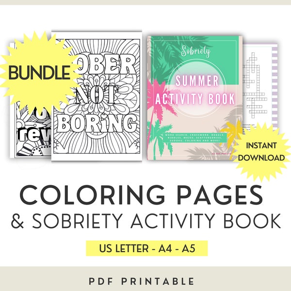 Recovery Games Bundle: Summer Sobriety Activity Book & Addiction Recovery Coloring Pages With Sober Quotes, Printable Gift for Women and Men