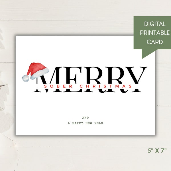 Sobriety Merry Christmas Card, Digital and Printable PDF Template, 7x5, Minimalist Recovery Xmas Gift for Sober Men and Women