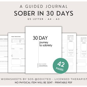 Sober in 30 Days Journal – Printable Addiction Recovery Worksheets with Daily, Weekly & Monthly Sobriety Reflection Pages - Minimalist PDF