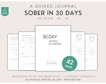 Diario de sobriedad en 30 días: hojas de trabajo imprimibles para la recuperación de adicciones con páginas de reflexión diarias, semanales y mensuales sobre la sobriedad - PDF minimalista