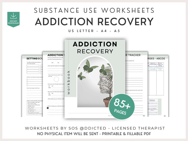 addiction recovery workbook with 85 sobriety worksheets for therapist and counselors, printable and digital download