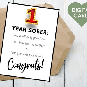 Een jaar nuchtere afdrukbare en digitale soberheidskaart, afdrukbare sjabloon direct download, mijlpaal nuchter cadeau voor mannen en vrouwen