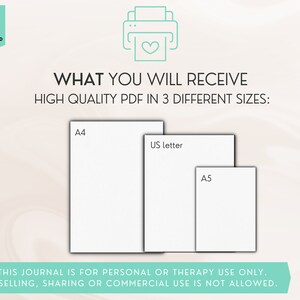 Pu&ograve; includere: Un download digitale di un diario stampabile in tre formati: A4, US Letter e A5. Il testo recita: "Questo diario &egrave; per uso personale o terapeutico. La rivendita, la condivisione o l'uso commerciale non sono consentiti."