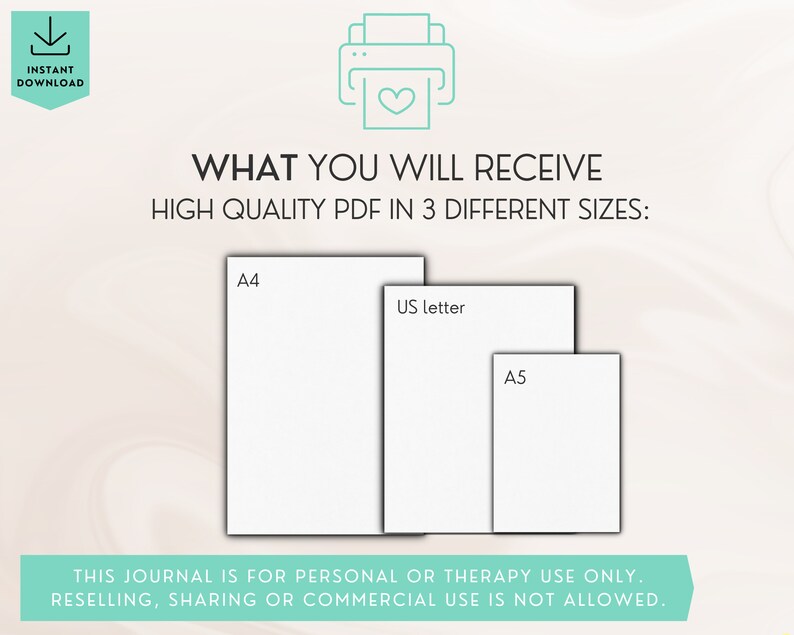 Pu&ograve; includere: Un download digitale di un diario stampabile in tre formati: A4, US Letter e A5. Il testo recita: "Questo diario &egrave; per uso personale o terapeutico. La rivendita, la condivisione o l'uso commerciale non sono consentiti."