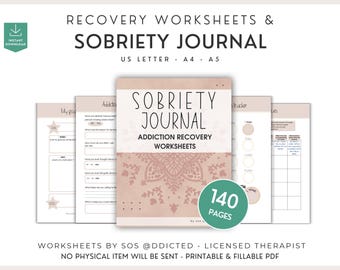 Diario de sobriedad y hojas de trabajo para terapia de recuperación, tratamiento de adicciones, planificador de autoayuda imprimible, recursos para consejeros, prevención de recaídas