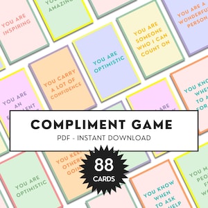 Gioco di complimenti digitale con 80 carte, strumento di consulenza per attività di terapia di gruppo, divertimento estivo in famiglia con gli amici, spunto di conversazione, flashcard di coaching