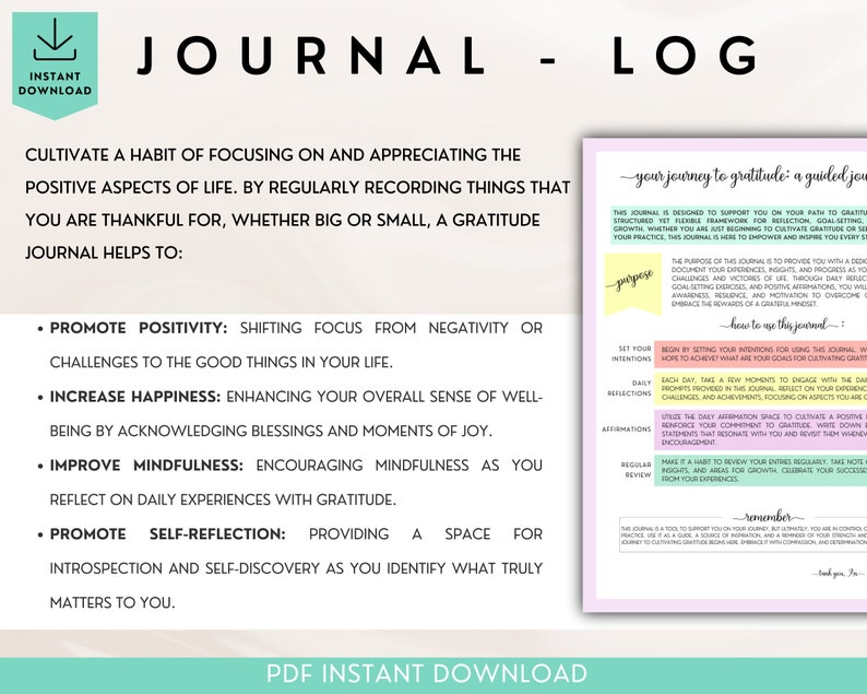 Pu&ograve; includere: Un download PDF stampabile per un diario di gratitudine con uno schema di colori verde acqua e bianco. Il diario &egrave; progettato per aiutarti a coltivare l'abitudine di concentrarti sugli aspetti positivi della vita. Il testo sulla pagina include "Diario - Registro" e "Il tuo viaggio verso la gratitudine: un diario guidato".