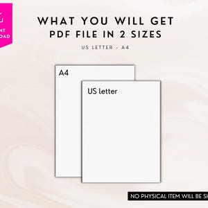 May include: Two blank white sheets of paper, one labelled "A4" and the other "US letter", representing the two sizes of a printable PDF file.