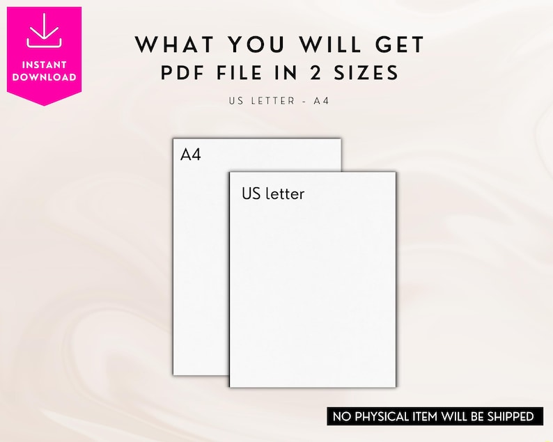 May include: Two blank white sheets of paper, one labelled "A4" and the other "US letter", representing the two sizes of a printable PDF file.