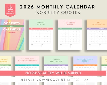 Calendario de sobriedad 2026: Frases motivacionales para la recuperación, planificador imprimible (descarga digital)
