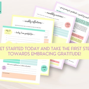 Pu&ograve; includere: Un diario di gratitudine stampabile con uno schema di colori giallo, rosa e blu. Il diario include suggerimenti per riflessioni quotidiane, settimanali e mensili. Il testo sul diario dice "Il tuo viaggio verso la gratitudine: un diario guidato".