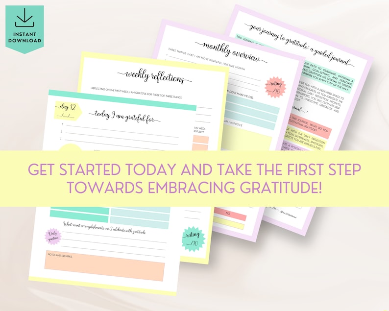 Pu&ograve; includere: Un diario di gratitudine stampabile con uno schema di colori giallo, rosa e blu. Il diario include suggerimenti per riflessioni quotidiane, settimanali e mensili. Il testo sul diario dice "Il tuo viaggio verso la gratitudine: un diario guidato".