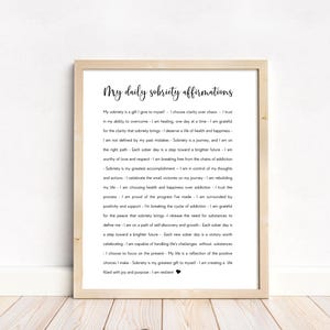 Puede incluir: Un póster imprimible con fondo blanco y texto negro. El texto dice "Mis afirmaciones diarias de sobriedad" e incluye una lista de afirmaciones positivas para personas en recuperación.