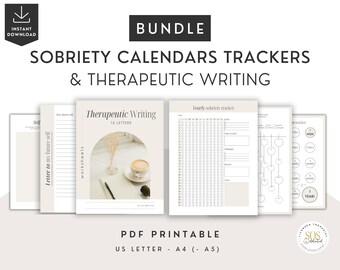 Calendarios de seguimiento de la sobriedad y escritura terapéutica, hojas de trabajo de terapia, recursos para consejeros, libro de ejercicios, recuperación de adicciones, vida sobria