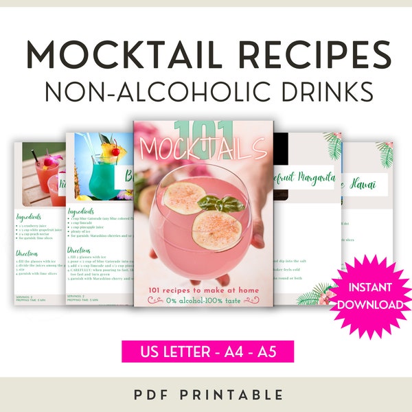 Mocktail Recipes, Non-Alcoholic Drinks & Virgin Classic Cocktails, Instant Download, AA Printable Sobriety Gift Idea For Pregnant Sober Mom